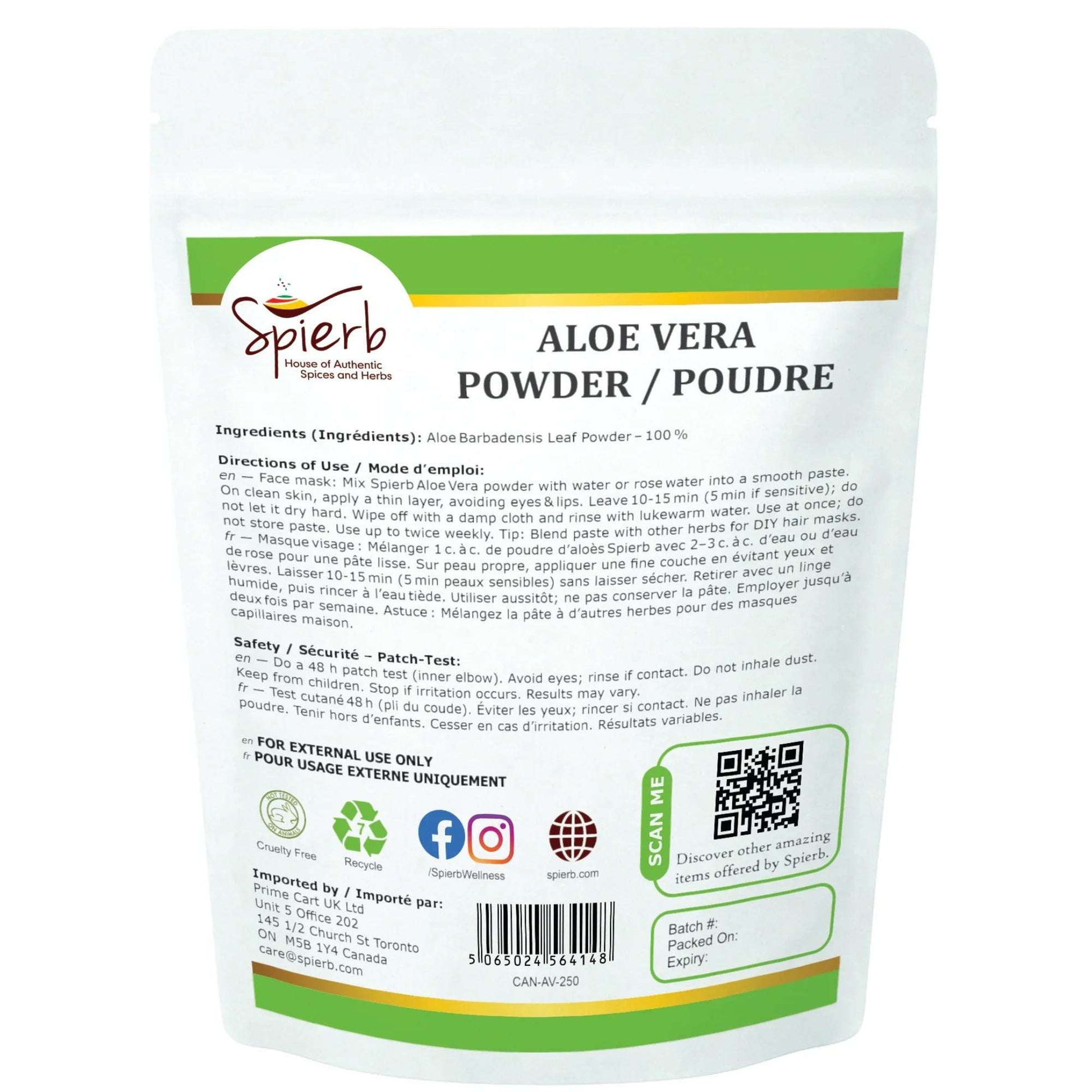 Spierb Aloevera Powder - 250g - Back Pouch