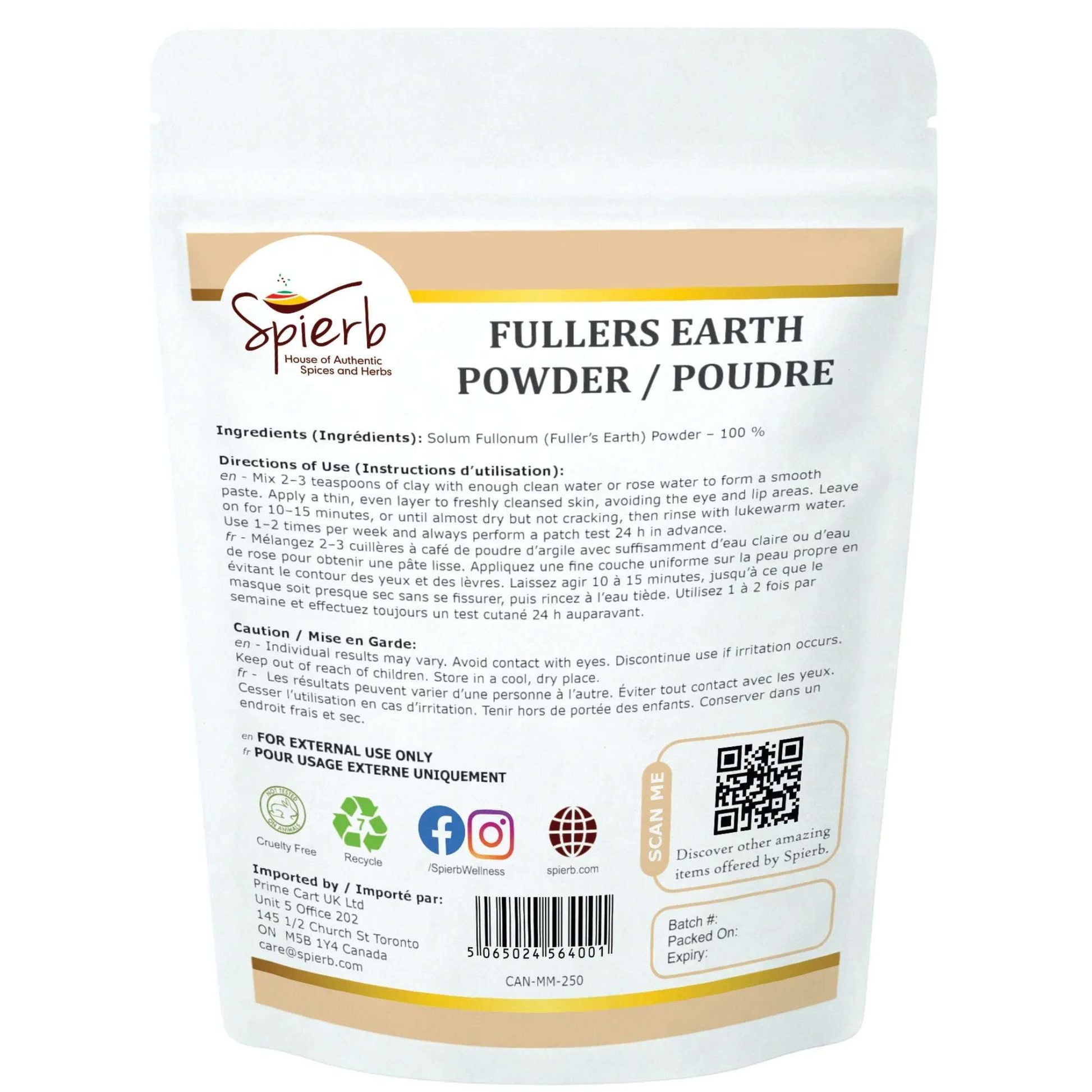 Spierb Fuller's Earth (Multani Mitti) Powder - 250g - Back Pouch