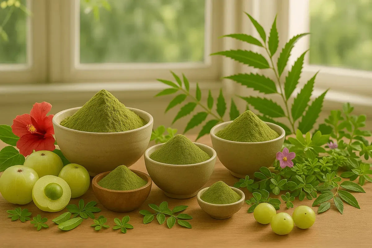 Spierb herbal hair powders for natural hair dye and hair care in kraft pouches.